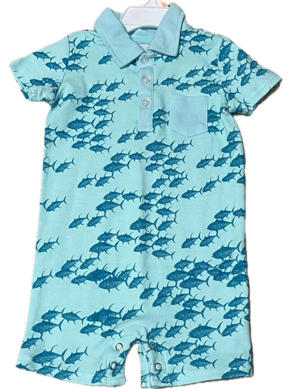 Crown & Ivy 12m 18m 24m NWT blue aqua romper fish ocean beach fishing shortall